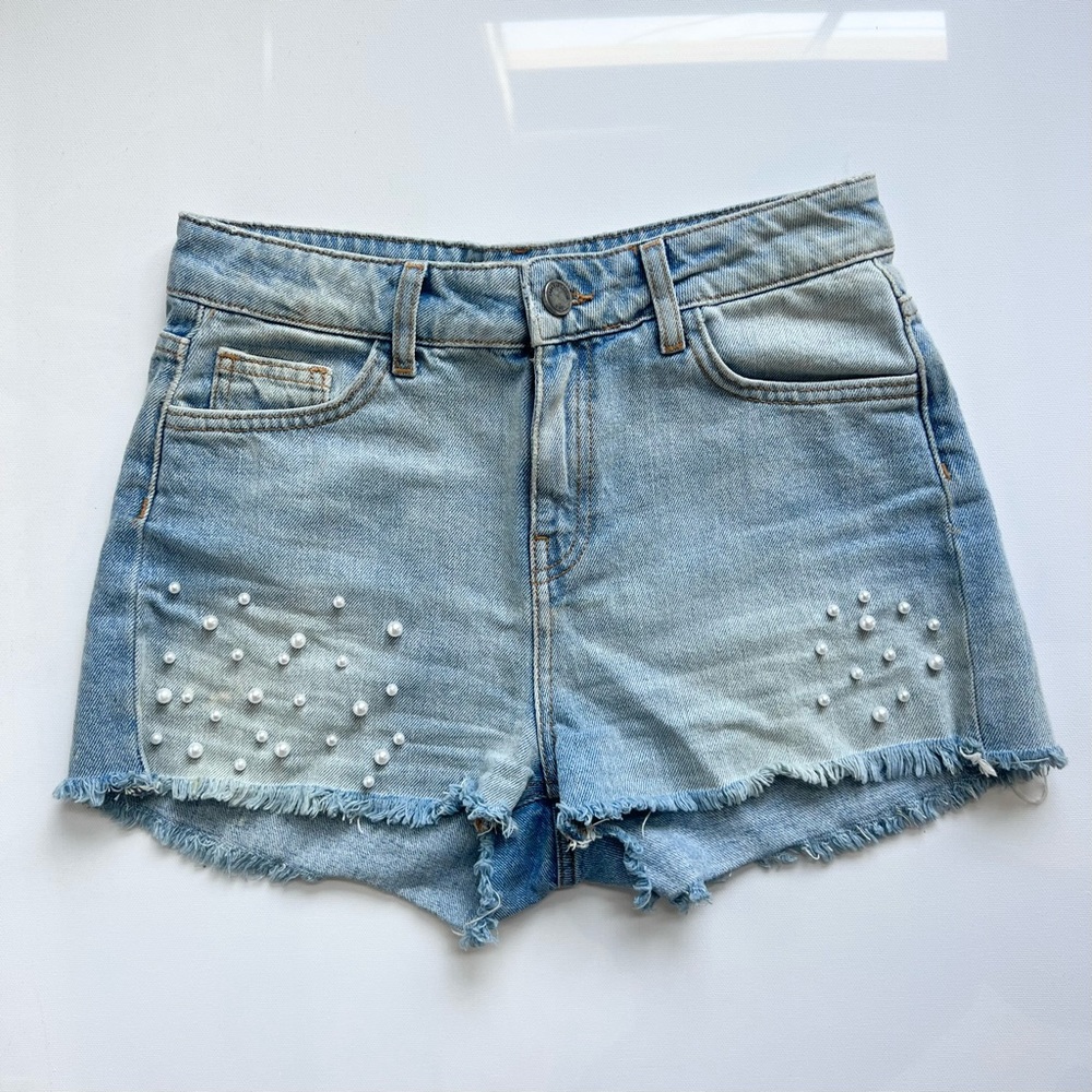 Zara Denim Shorts with Pearl Detail